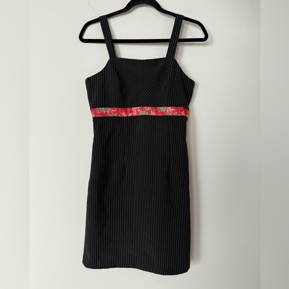 Vintage 90s No Boundries Pin Stripe Asian Print Detail Mini Office Siren Dress